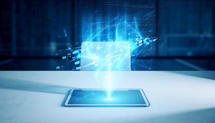 Futuristic holographic interface projected above tablet on clean desk, glowing blue light, cyber innovation theme.