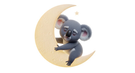 Cute koala bear sweetly sleeping on a crescent moon under a twinkling star