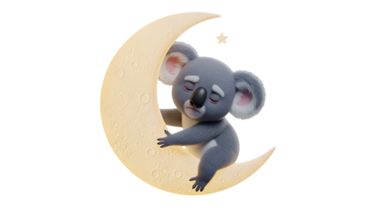 Cute koala bear sweetly sleeping on a crescent moon under a twinkling star