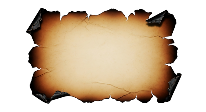 Aged and torn parchment paper with burnt edges and a light center isolated on transparent background
