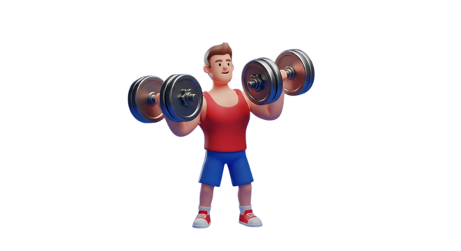Cartoon man lifting dumbbells for fitness strength training and healthy lifestyle