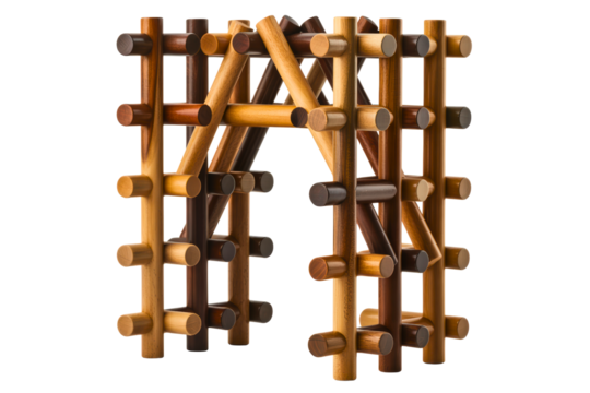 Interlocking wooden stick puzzle forming an abstract archway isolated with transparent background