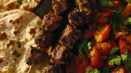 Close up of Turkish kebab with grilled lamb and vegetables