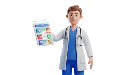 Cheerful doctor presents digital health records for your telehealth campaign needs
