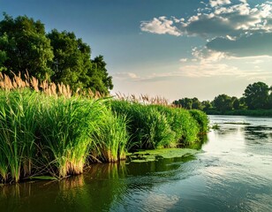 River flows past green grasses under a cloudy, bright sky