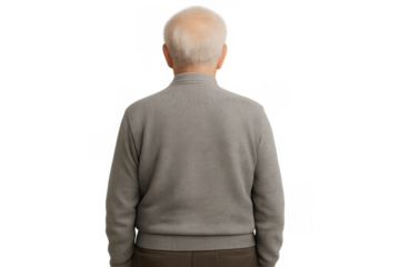 Senior man in casual sweater seen from back experiencing aging and contemplation, transparent background