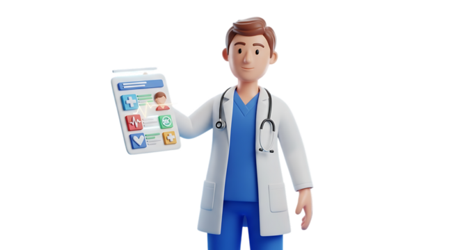 Cheerful doctor presents digital health records for your telehealth campaign needs