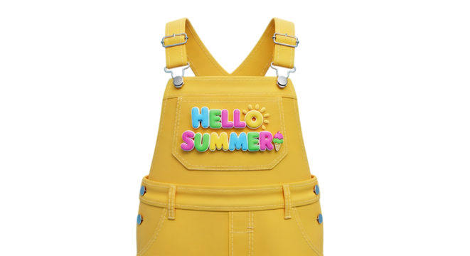 Stylish summer overalls with fun Hello Summer text for vibrant seasonal promotions