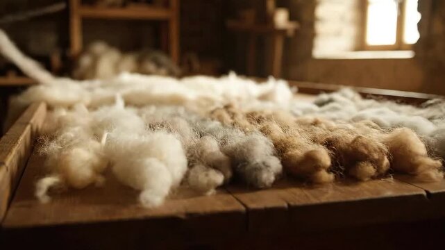 Assorted Wool Fibers Displayed on Wooden Surface in Studio Ambient Light Various Shades and Textures From White to Brown Wool Production Process Fiber Art and Craft