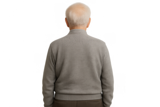 Senior man in casual sweater seen from back experiencing aging and contemplation, transparent background