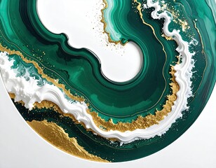 Green, white, gold swirl art. Circular, textured, elegant