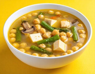 Chickpea, tofu, and asparagus soup in a white bowl