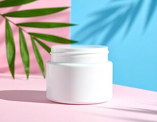 White jar, pink/blue backdrop, with green leaf shadow play