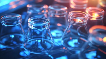 Close up view of laboratory glass flasks with a blue glow