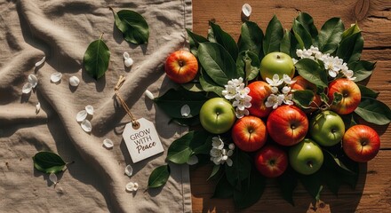 Apples Displayed with Leaves Blossoms and a Tag with a Positive Message