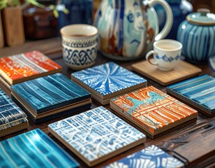 Ornate blue-white tiles & tableware on dark wood surface