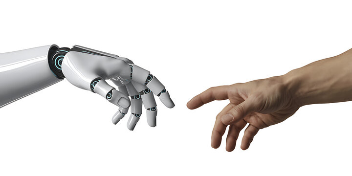 Robotic hand reaching out to human hand, isolated on white background