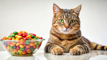 A curious tabby cat gazes intently at a bowl of colorful candies, a tempting treat just out of reach, showcasing a playful interaction between feline and sweets.