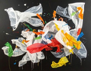 Colorful plastic bags float against a dark abstract backdrop