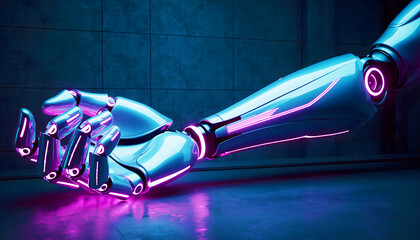 Futuristic robotic hand glowing in dark neon room