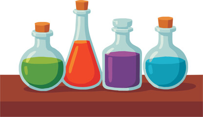 Magical potion bottles with colorful liquids, perfect for fantasy games, Halloween designs, and creative projects needing a touch of whimsical charm