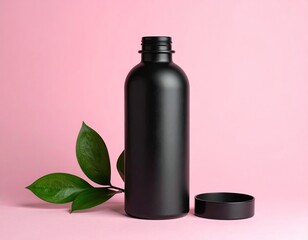 Black bottle with leaves against pink