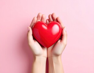 Hands gently hold a red heart on soft pink backdrop