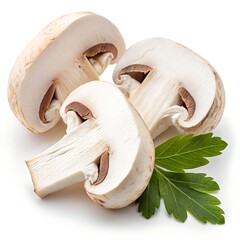 Premium White Mushroom Slices with Green Leaf on Pure White Background – Ultra High-Resolution Studio Photo