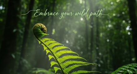 Fern leaf with spiral detail in a bright green forest setting