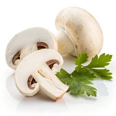 Premium White Mushroom Slices with Green Leaf on Pure White Background – Ultra High-Resolution Studio Photo