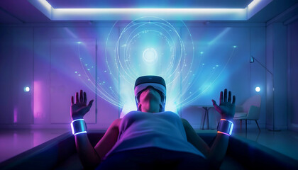 Futuristic VR therapy session glowing in minimal room.