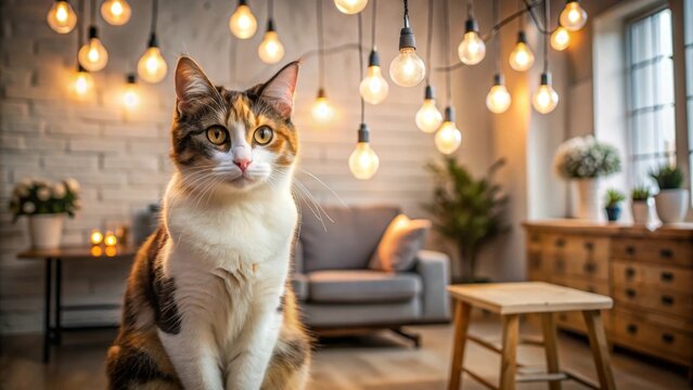 Calico cat serenely sits amidst warm, ambient lighting in a cozy home interior
