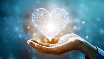 Hand holding heart symbol made of glowing network lines.