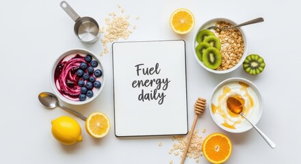 Healthy breakfast spread with fruits oatmeal and text Fuel energy daily