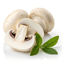 Premium White Mushroom Slices with Green Leaf on Pure White Background – Ultra High-Resolution Studio Photo