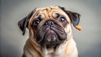 Obraz premium Adorable Pug Puppy with a Treat Near Its Ear, Posing for a Close-Up Portrait Against a Neutral Background
