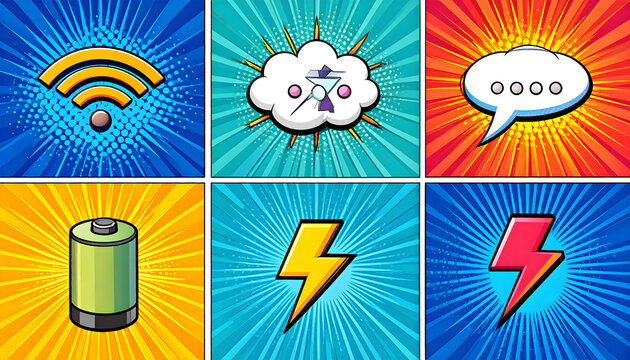 A collection of vibrant pop art illustrations featuring modern technology icons like Wi-Fi, speech bubbles, battery power, and lightning bolts on a comic book style background
