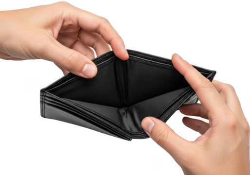Empty wallet in hand concept, financial crisis, bankruptcy, debt, poverty, recession, no money, open wallet, finance, economy, isolated on transparent background