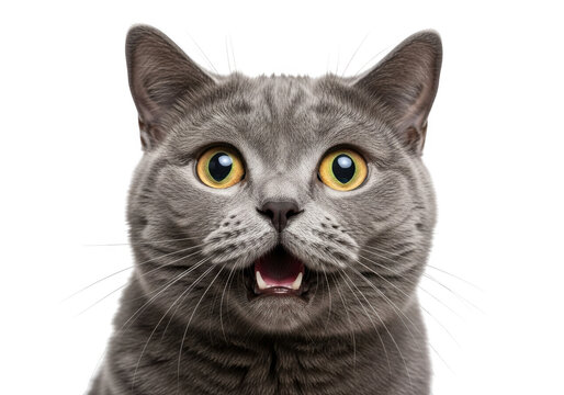 Surprised grey cat with yellow eyes portrait, funny open mouth expression, cute pet animal stock photo, isolated on transparent background - Powered by Adobe