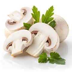 Premium White Mushroom Slices with Green Leaf on Pure White Background – Ultra High-Resolution Studio Photo