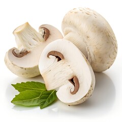 Premium White Mushroom Slices with Green Leaf on Pure White Background – Ultra High-Resolution Studio Photo