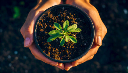 Hands holding small plant with soil, close-up.