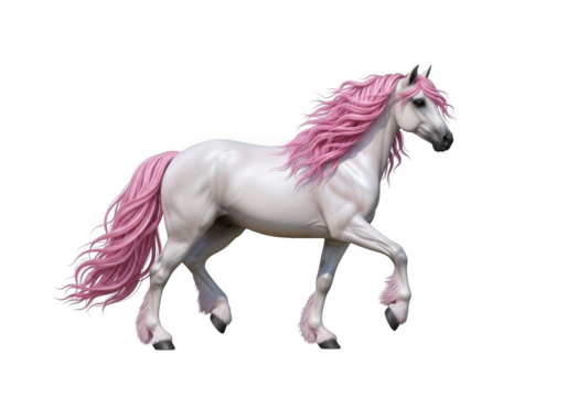 Fantasy white horse with pink mane and tail, magical unicorn creature, mythical animal, equine art, isolated on transparent background