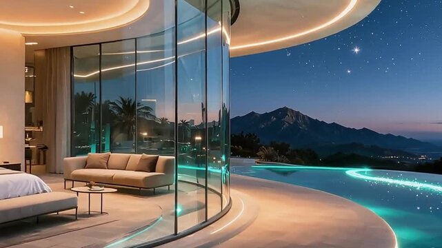 Modern home interior with indoor pool and panoramic window showing starry sky. Elegant architecture, soft lighting, and peaceful night atmosphere.1
