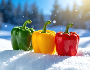 Colorful peppers sit in snowy landscape