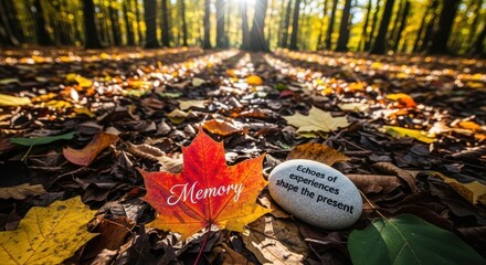 Red Leaf and Stone with Inspiring Words in Autumn Forest