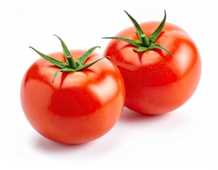 Two ripe tomatoes, vibrant red, with green stem, on white