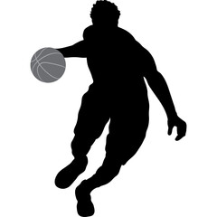 Silhouette of a basketball player dribbling a ball in motion against a transparent background isolated on white