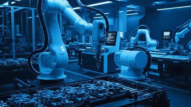 Automated Robotic Welding Arm Assemblage Sparking Metallic Components in a Manufacturing Setting with Conveyor Belt Systems in