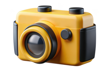 3d render yellow camera photography equipment device lens electronic creative graphic design isolated on transparent background